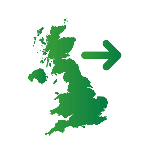 UK map in green with arrow pointing away from the UK