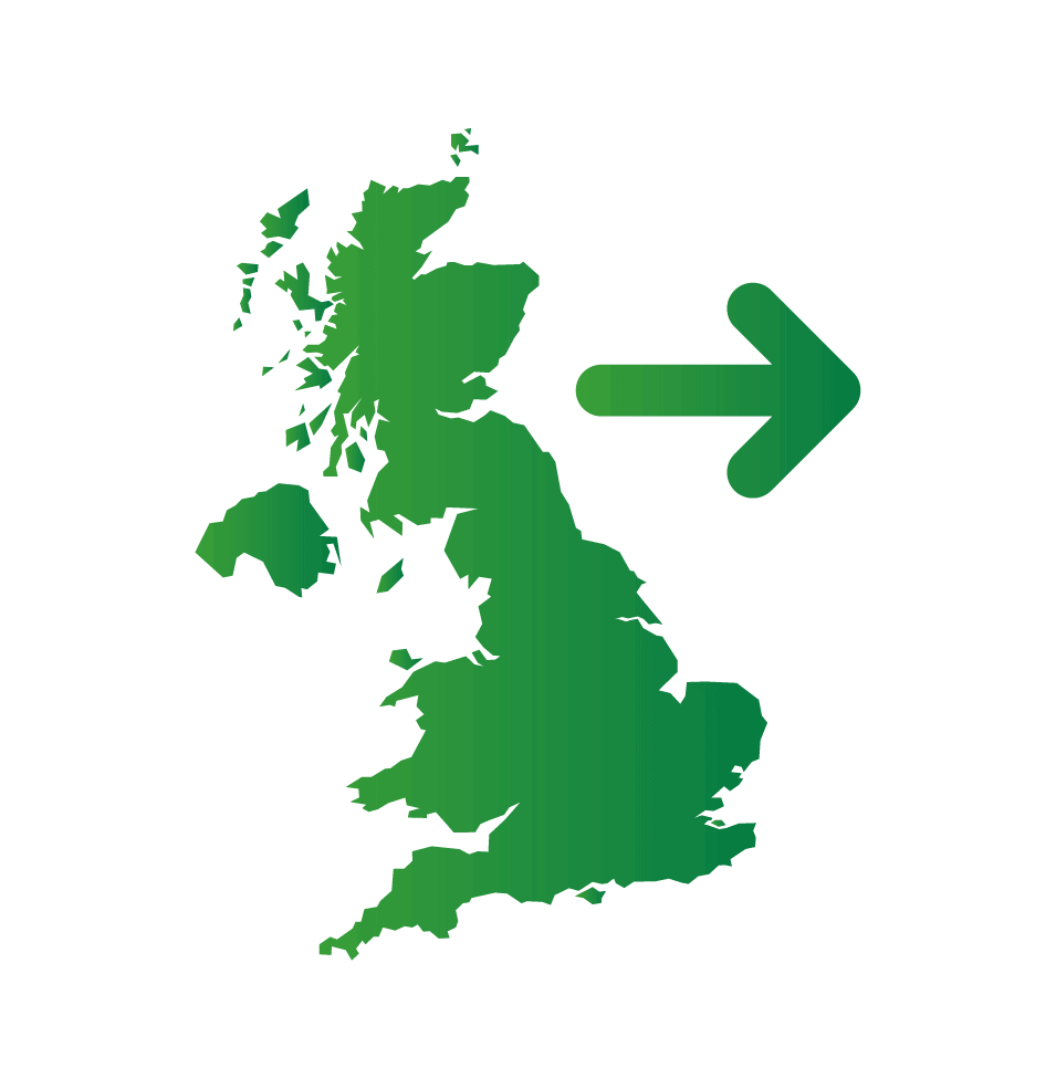 UK map in green with arrow pointing away from the UK