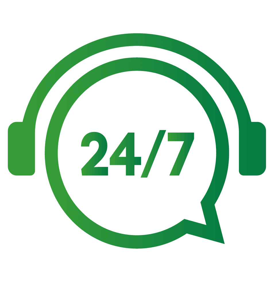 24/7 in a speech bubble with headphones icon