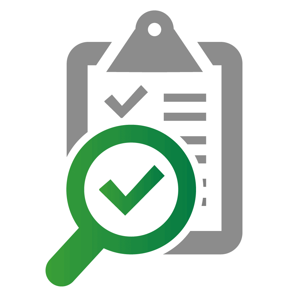 Grey clipboard and green magnifying glass icon